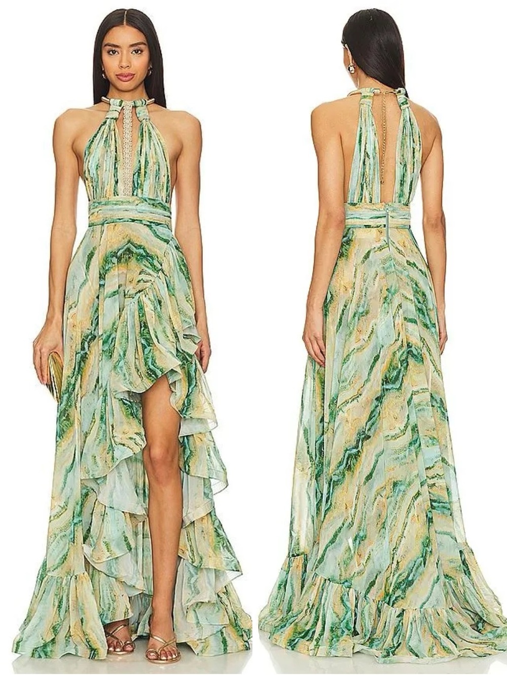 Bronx and Banco Palma Gown Green Silk Chiffon Ruffle Halter High Low Dress XL